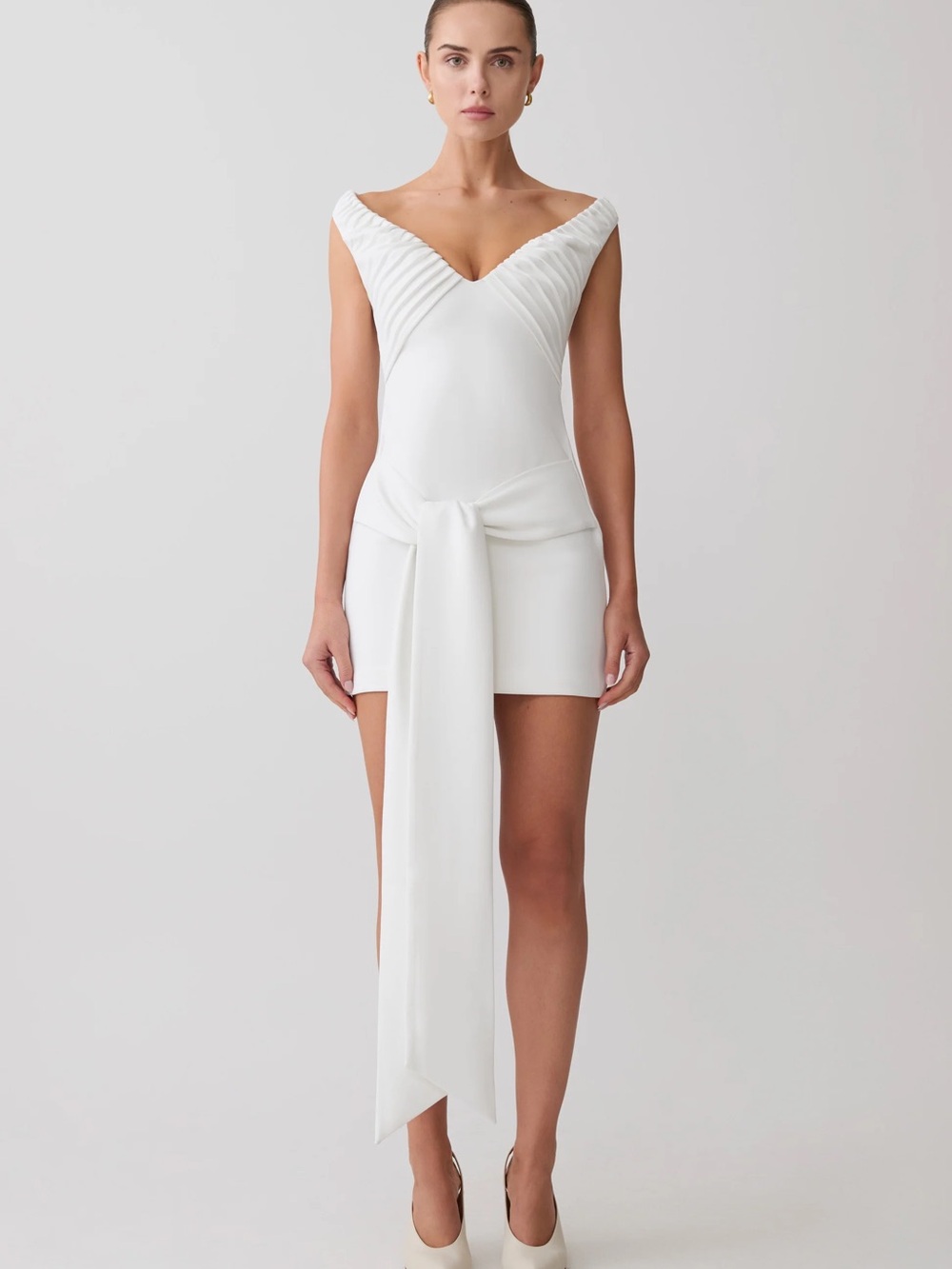 Meshki White Mini Dress with Draped Tie Front